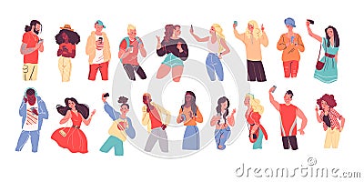 Set of young trendy people using phones, listening music in headphones, dancing, making selfie and video calls, chatting. Vector Illustration